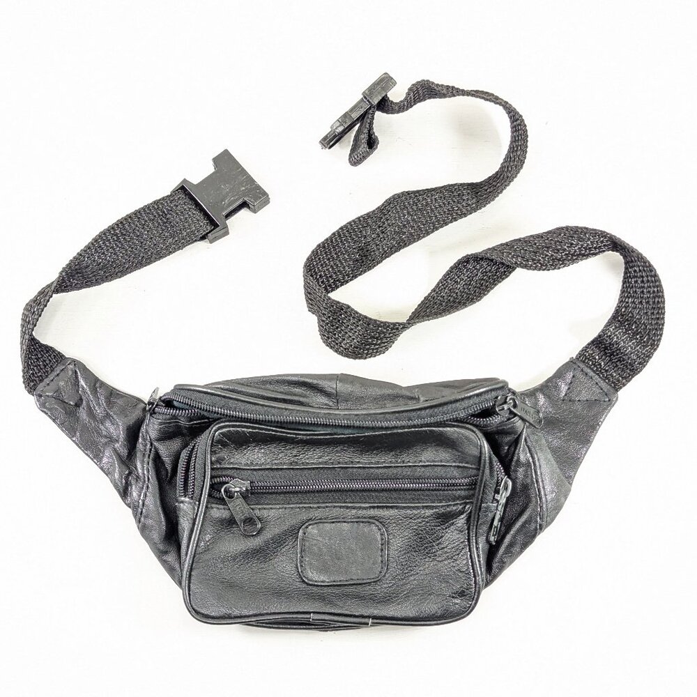 Y2K Black Leather TONI bunbag, 90s fanny pack 3 zippered pockets, festival bag